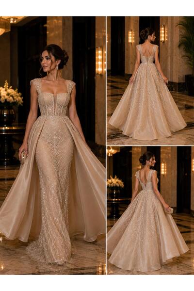 ÖMÜR فستان سهرة فاخر من HS SPOSA مطرز بالأحجار اللامعة بتصميم ذيل السمكة لحفل...