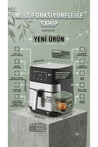 RİVO HOME DECOR 5.5 Litre Dijital Airfryer Yağsız Fritöz 1700W Dokunmatik Ekr...