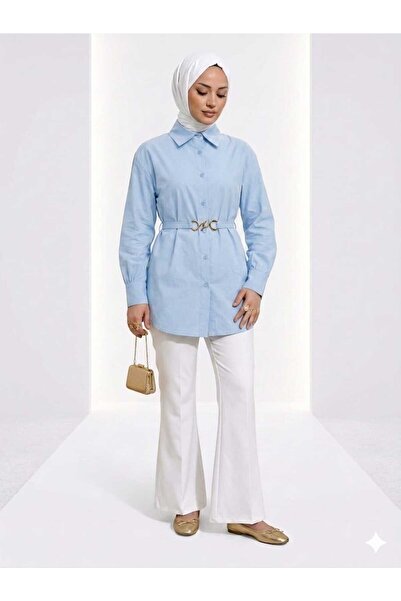YEK&BİR Women's Gold Belt-Detail Balloon Sleeve Tunic Shirt