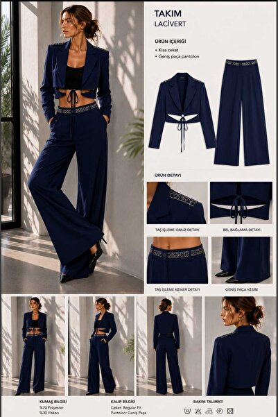 Yumey Stone Embellished Crop Jacket and Pants Set