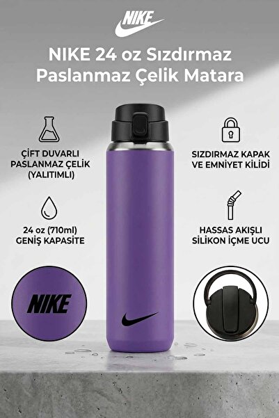 Nike 24 oz (710 ml) Mor Çift Duvarlı Paslanmaz Çelik Yalıtımlı Sızdırmaz Spor...
