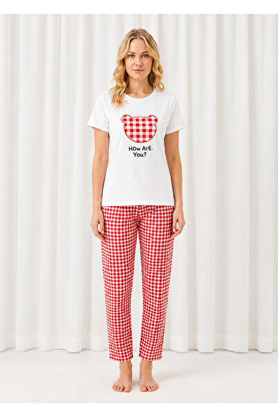 İNKO İÇ GİYİM Patterned Short Sleeve Bottom Long Women's Pajama Set
