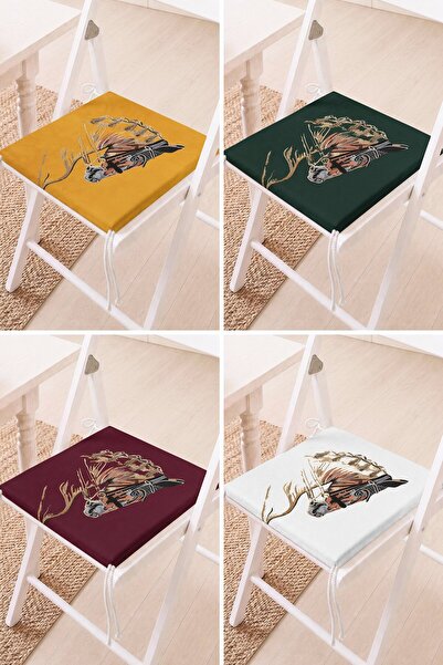 Home Set of 4 Bird Figured Lace-Up Chair Cushions with Mustard Green and Burg...