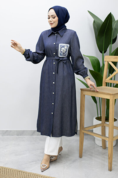 Tesettür Dünyası Workmanship Detailed Belted Waist Tunic Tsd260240 Dark Blue