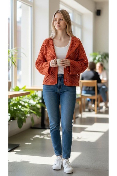 Tokuşka Crochet Tile Red Motif Hand Knitted Women's Cardigan