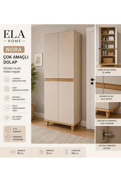 Genel Markalar ELA HOME NORA Çok Amaçlı Dolap 4 Kapaklı 6 Raflı MDF Düzenleyi...