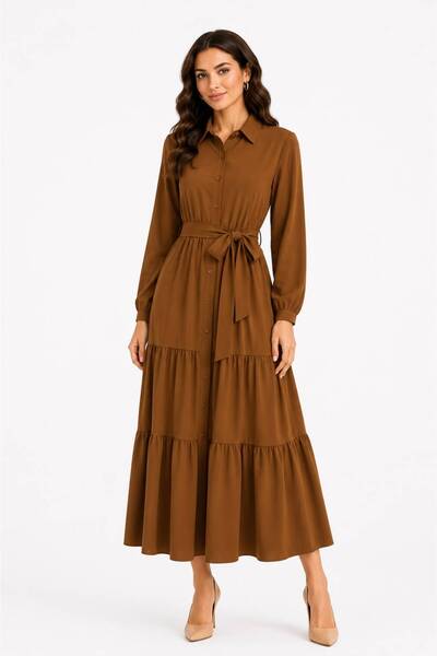 PAYİNİ Shirt Dress with Belt Maxi Length Long Sleeved Dress