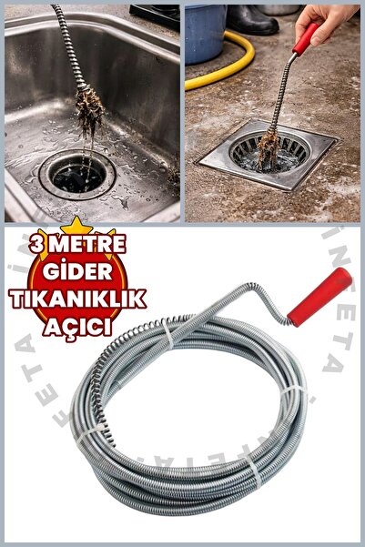 İnfeta 3 Metre Gider Açıcı Tıkalı Banyo Lavabo Deliği Gider Boru Açıcı Aparat...
