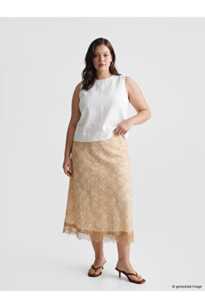 LC Waikiki Nevavm Plaid Skirt with Elastic Waist and Lace Detail