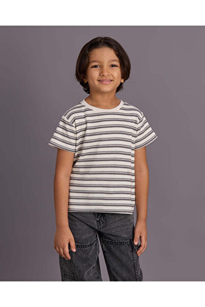 REDTAG Boys Black Striped Waffle Knitted T-shirt