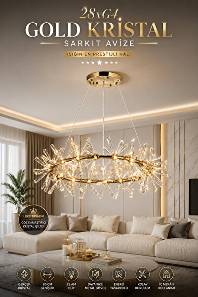 Elvora Home Modern (PREMİUM) Gold Kristal Taşlı Sarkıt Avize Dekoratif Halka ...