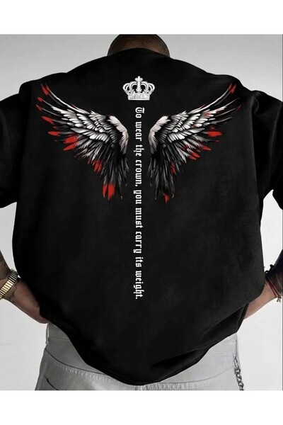 LELVANİ Men's Crown Printed Winged Bird Detail Crewneck T-Shirt