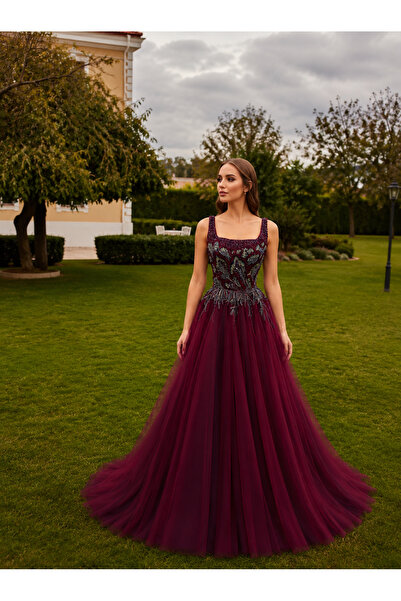 HS SPOSA KADIN ABİYE BORDO RENK TAŞ İŞLEMELİ PRENSES MODEL ŞIK DAVET-NİŞAN-KI...