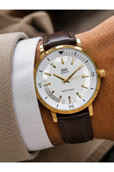 Q&Q Men's Wristwatch with Brown Leather Strap, Casual & Classic, Gift Boxed