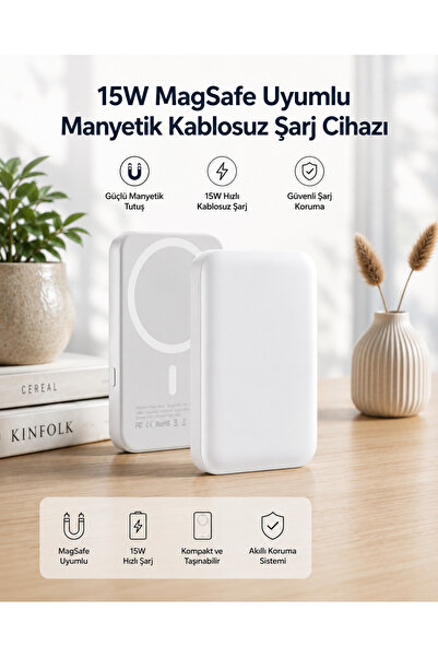 15W MagSafe Uyumlu Manyetik Kablosuz Powerbank 5000 mAh -