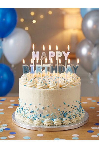 Öz-bal Pastel Mavi Happy Birthday Yazılı Doğum Günü Pasta Mumu Ve 12'li Uzun ...