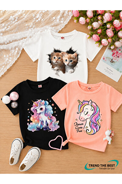 TREND THE BEST Trendin En İyisi Set de tricouri din 3 piese pentru fete, cu i...