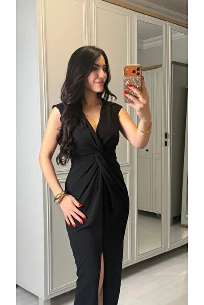 USLUCAN ALIŞVERİŞ Women's Short Sleeve V-Neck Sandy Midi Dress with Wrap Deta...