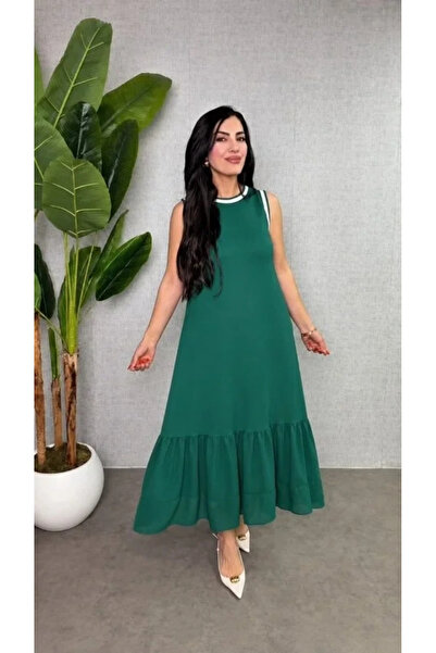USLUCAN ALIŞVERİŞ Women's Strappy Round Neck Long Viscose Two-Thread Dress wi...