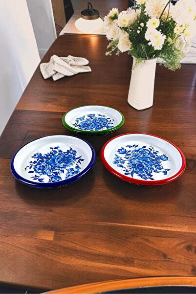 İnci Emaye 16 cm 3 Pieces 3 Colors Enamel Plate Coffee Plate for 3 People, Se...