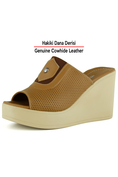 Erkan Saçmacı Rachel Taba Genuine Calfskin Perforated Elastic Wedge Heeled Sl...