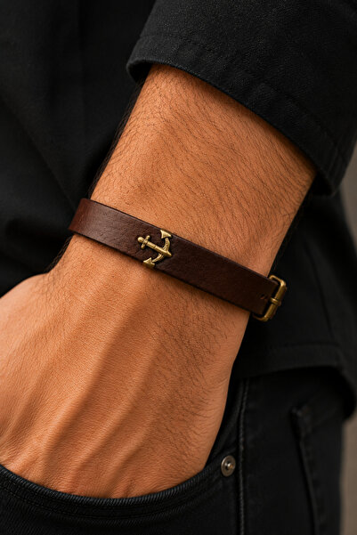 HER ŞEY NOTA www.herseynota.com Anchor Figured Genuine Leather Brown Bracelet...