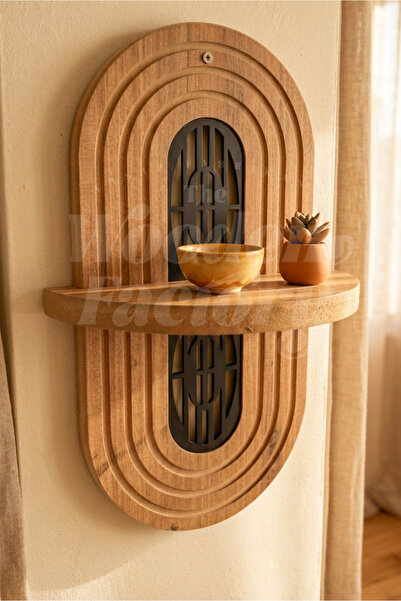 Wooden Factory Bohem Stil Duvar Rafı Aynalı Pleksi Detaylı Dekoratif Duvar Ra...