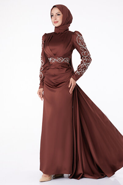 TOFİSA Straight Collar Women's Brown Stone Princess Evening Dress - 26253
