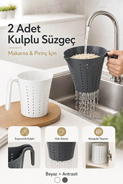 Anadolu Saray 2'li Kulplu Makarna ve Pirinç Süzgeci Plastik Mutfak Süzgeç Seti