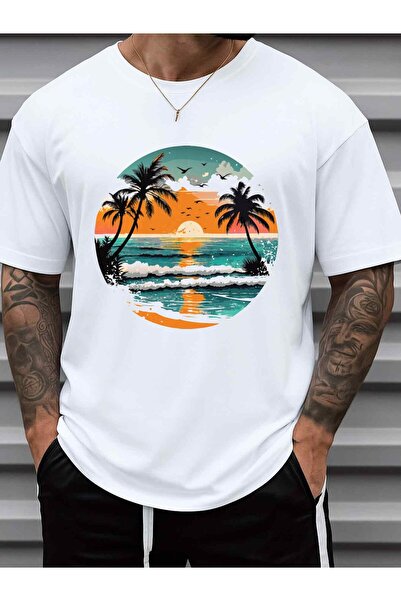 NOURAM Men's 180g 100% Cotton T-Shirt with Beach Sunset Vibes Coastal City Pr...