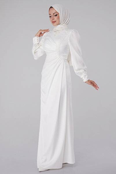 TOFİSA White Stoned Straight V-Neck Women's Evening Dress - 26195
