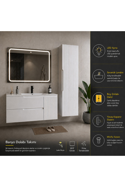 trakya banyo Banyo dolabı seti lake 90'lık seramik lavabo boy dolap ve led ay...