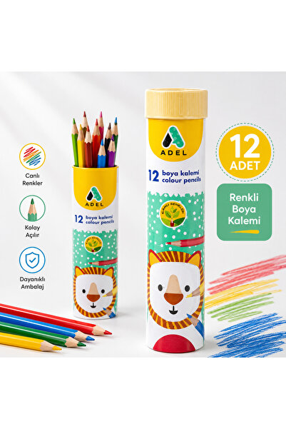 Adel 12 Renk Boya Kalemi Tüp Kutulu Aslan Desenli Çocuk Okul ve Hobi Boyama K...