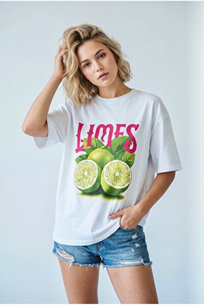 HOXİE Women's "Limes" Lemon Graphic Printed White Oversize T-Shirt