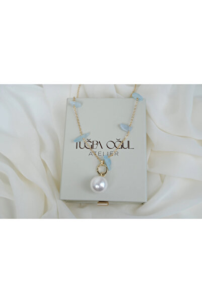 ATELİER TUĞBA Kol500 Gold Necklace with Turquoise Stone and Large Pearl Detail