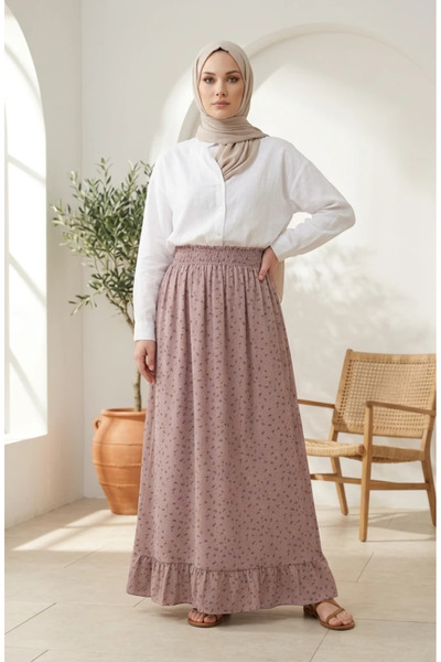 sefamerve Elastic Waist Floral Patterned Skirt 0311-03 Dusty Rose
