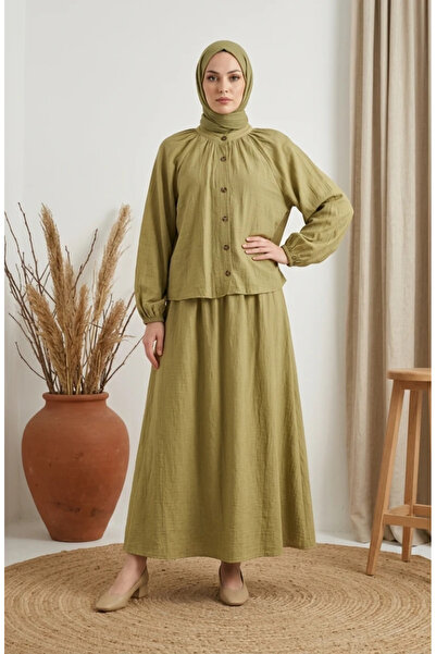 sefamerve Hakim Collar Buttoned Hijab Double Set 2284-03 Oil Green