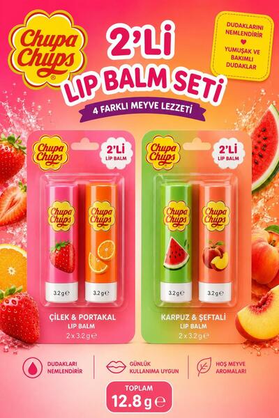 Chupa Chups 4'lü Lip Balm Dudak Bakım Seti 3.2 gr x 4 Adet - Çilek, Portakal,...