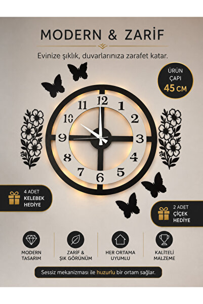 MORPELA Dekoratif LED Işıklı Duvar Saati – 45 cm çapında Modern Sessiz Duvar ...
