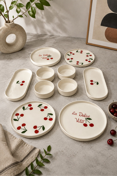 Papart Home Rubby Cherry 10 Parça 4 Kişilik Handmade Kahvaltı Takımı Lüx Kahv...
