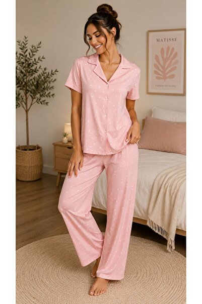 BALİS PİJAMA Short-Sleeved, Full-Buttoned Shirt with a Stylish Patterned Coll...