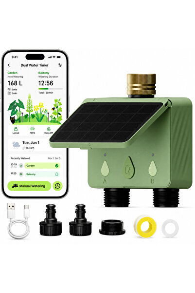 Velixo Temporizator de irigații WiFi cu panou solar, 2 ieșiri, control prin a...