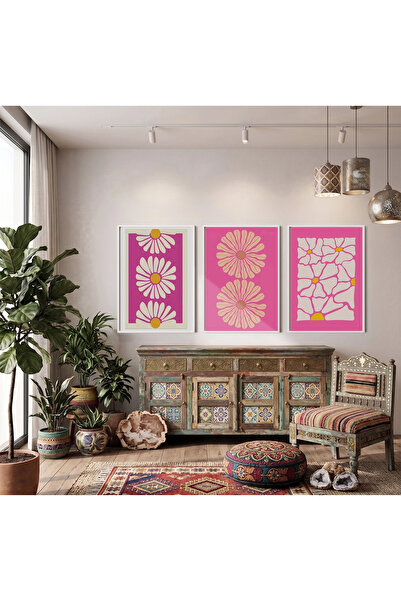 KOLAJTASARIM Set de 3 tablouri cu ramă albă Fuchsia Daisy Dream, poster, tabl...