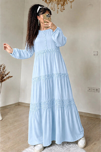 AZRA BUTİK Magnolia Pattern Lace Detailed Dress Blue