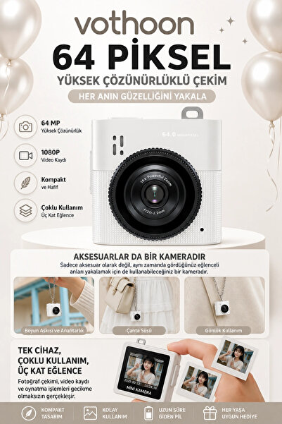 Vothoon Mini Dijital Kamera 64MP 16x Digital Zoom Retro Vintage 1.4"Ekranlı V...