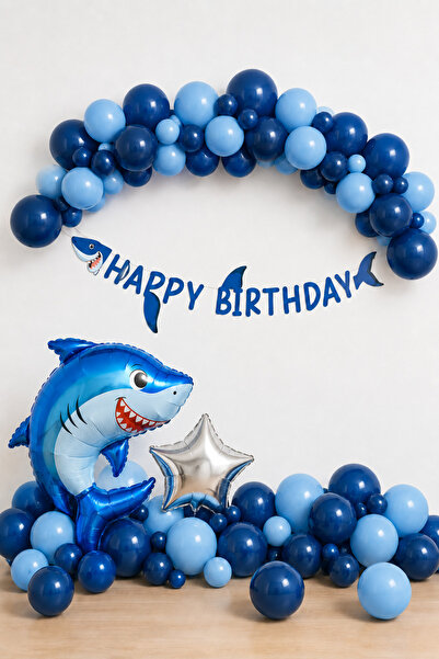Baloncu Nene Boy's Birthday Set Shark Birthday Set with 76 cm Foil Balloons