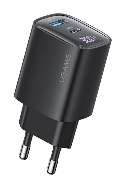 Usams φορτιστής τοίχου US-CC229, USB & USB-C, 30W, GaN, μαύρος