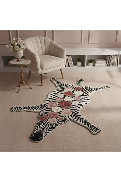 Rose Zebra Post Şekilli Özel Kesim Dijital Baskılı Kaymaz Taban Halı