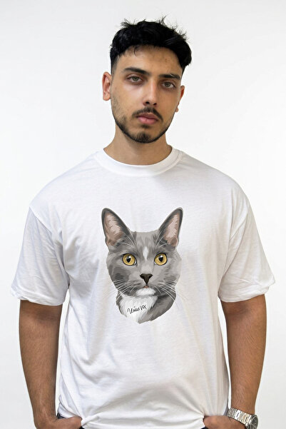 Anetos Gray Cat_1 Design Printed Oversize White T-Shirt