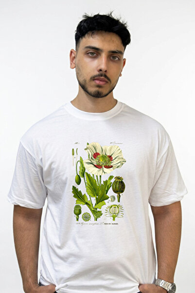 Anetos Opium Poppy Design Printed Oversize White T-Shirt